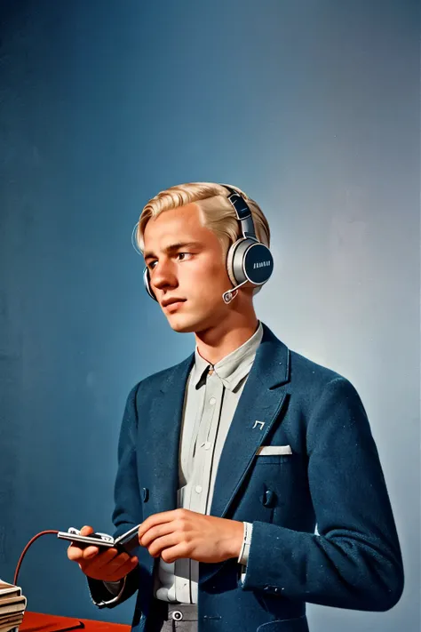 Zollverein, 1943. A young ((((17-year-old)) Werner Pfennig)), young man, listening with ((headphones)), ((((clothings from the 1940s)))), ((platinum blonde hairstyle of the 1940s))