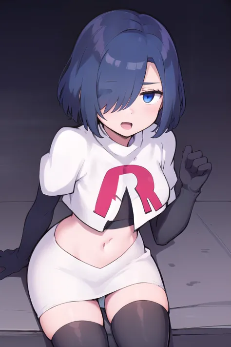 1girl,  kirishima touka, blue hair, hair over one eye, blue eyes, team rocket,team rocket uniform,white skirt,red letter R,crop top,black thigh-highs,black elbow gloves