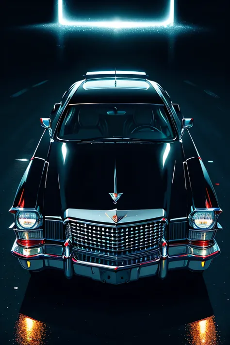 A cadillac fleetwood from the front in a night city lit by LEDs at night
