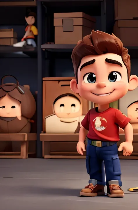 a cute little MALE forklift worker , 45 years, big head, short hair, Oval face，SMILE，fit, high, with a red work helmet ，He wears a red t-shirt that displays the letters HARRIS., dark blue jeans and black shoes.，toy figures, Best Quality, 3D cartoon，full bo...