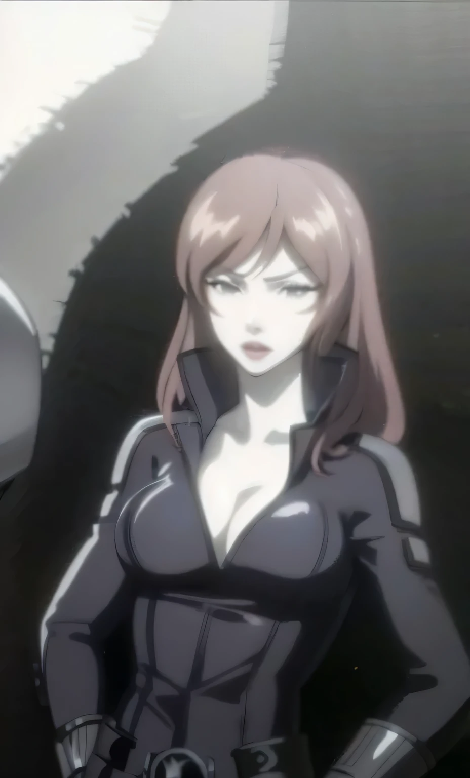 The image presents an anime girl with red hair, dressed in a sleek skin-tight shiny black latex bodysuit with a deep-cut neckline revealing a large chest
with a silver zipper running down the front and a wrist guard adorned by some gray stick,  standing in...