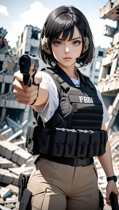 (masterpiece,Highest quality,Ultra-high resolution),One Woman,Japanese,Black Hair,Short Bob,(((Beautiful Eyes,Beautiful Hair,Beautiful Skin,Beautiful Face))),Serious,whole body,(((pointing pistol:1.3))),Pistol,FBI,shirt,Black bulletproof vest,Combat Boots,...