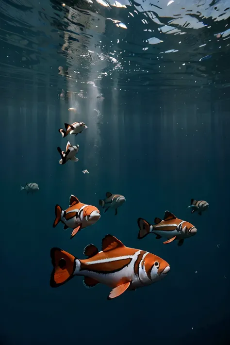 Clownfish surrounded  by white sharks