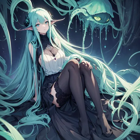 1 tall Cthulhu woman. tall. Long hair. sleepy. Inverted color scheme. busty. knee high socks. Cthulhu tentacles. Pillow. ((Best Quality)) (High Definition) relaxed disinterested look on her face. 