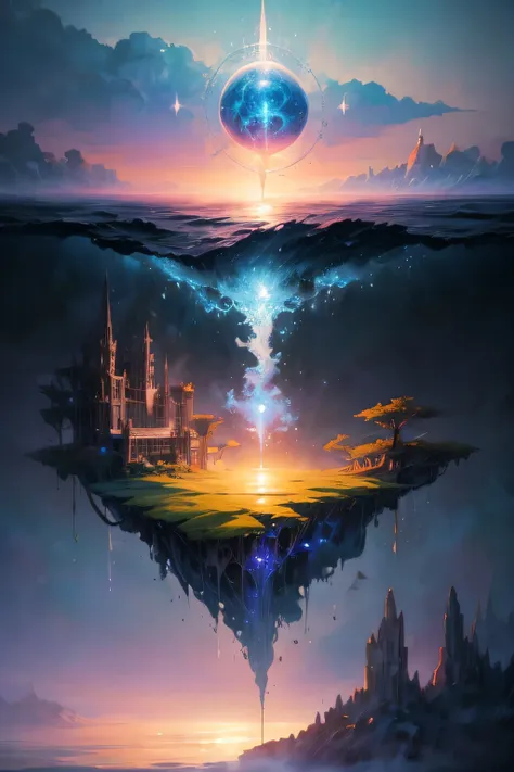 a mystical floating island above the sea, mirage-like shimmering, mysterious atmosphere, mist, ethereal, dreamlike, digital art,...