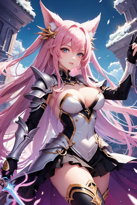 The character should have long pink hair with accessories, detailed armor on the shoulders, a complex costume design with multiple layers and decorations, hands facing forward, and a dynamic pose. The overall vibe should be vibrant and embody the spirit of...