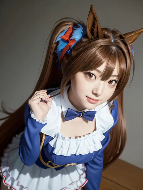 daiwa scarlet, brown hair, hair intake, (red eyes:1.3), long hair, twintails, animal ears, horse girl,
BREAK (Highest quality, 16K, masterpiece:1.55), Ultra detailed face, Detailed lips, Detailed eyes, double eyelid, 
BREAK (Happy smile:1.2), upper body, (...
