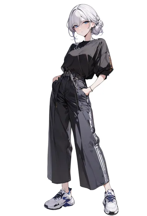 (masterpiece, highest resolution: 1.2, 8k), center, full body, one girl, casual hairstyle, blue-black fashion, wide pants, simpl...