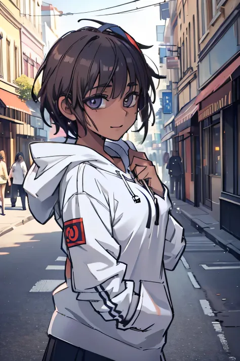 A cute girl in a hoodie, middle short brown hair, smiling, street fashion, elementary school student, (best quality,4k,8k,highres,masterpiece:1.2),ultra-detailed,(realistic,photorealistic,photo-realistic:1.37),detailed eyes,detailed lips,extremely detailed...