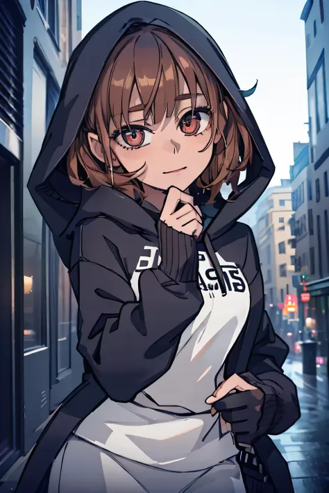 A cute girl in a hoodie, middle short brown hair, smiling, street fashion, elementary school student, (best quality,4k,8k,highres,masterpiece:1.2),ultra-detailed,(realistic,photorealistic,photo-realistic:1.37),detailed eyes,detailed lips,extremely detailed...