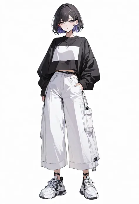 (masterpiece, highest resolution: 1.2, 8k), center, full body, one girl, short hairstyle, dark color street fashion, wide pants,...