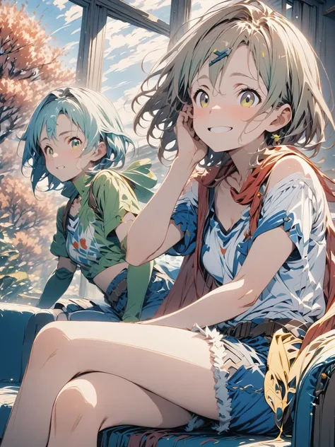 Japanese cartoon, aqua hair with gray highlights, medium breasts, golden eyes, faint smile, denim shorts, scarf, V-neck low-cut white sweatshirt, blue pants, sitting, cross-legged, smart interior, sitting on the couch, Shino Asadas face, Japanese cartoon S...