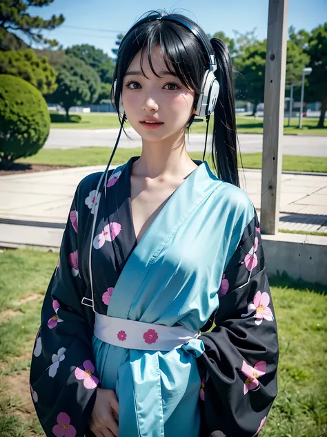 40-year-old Japanese woman、Black Hair、The hair is very short、Twin tails、Hatsune Mikus outfit、headphones、flat chest、Realistic photos、Realistic、8K quality、tall、No bangs、firework、yukata