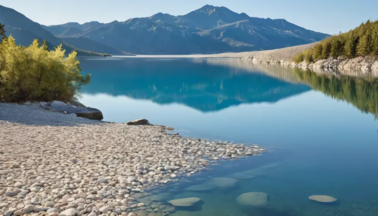 Create a serene landscape with minimalist design elements, featuring a tranquil lake surrounded by mountains under a clear blue sky.