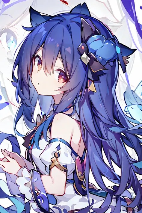 （masterpiece：1.2），Super detailed，lifelike，Expressive eyes，fair skin，perfect face shape，1 girl，
Japanese comics,Gorgeous blue hair,flowing blue hair,flowing clothes,Cat ears,Petals fall,beautiful lola,Baby Angel,
Shaking head with one hand，Cross your legs，，...