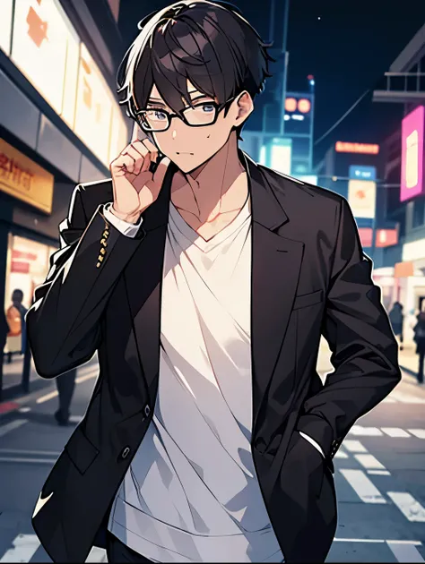 Black-haired, nerdy young man, white shirt, jacket, walking through a busy street at night, wandering around, dumbfounded face, glasses