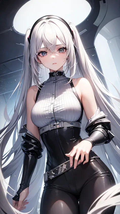 masterpiece, Awesome girl,1 female , younger sister, Cold Face, Expressionless, A woman with long silvery white hair, Pale pink lips, Calm, intellectual,Facial details, Eye details,Hatsune Miku,No exposure,pants　
