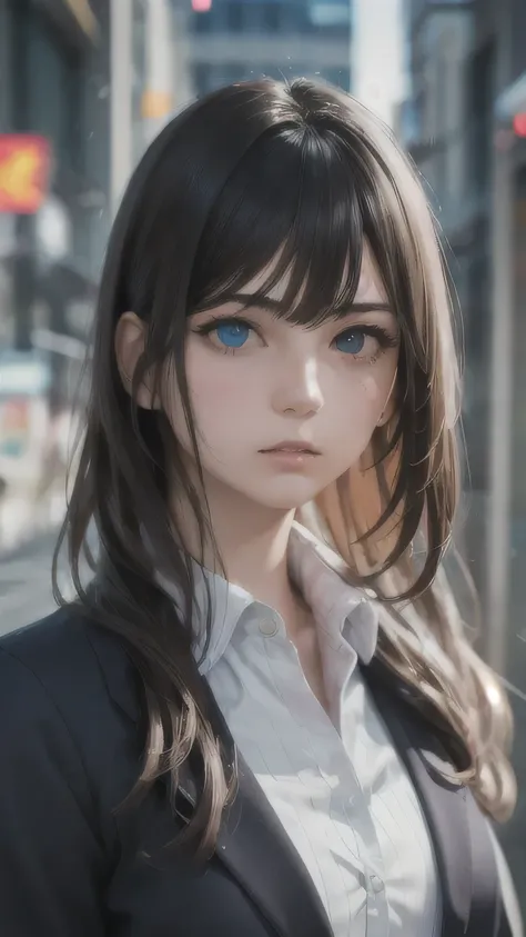 Highest quality, masterpiece, Ultra-high resolution, (Realistic:1.4), RAW Photos,One girl, Brown Hair,Semi-long hair,Great style,Black Suit,Detailed eyes,Heterochromia iridis,Realistic,Ready your gun?,Fighting figure,Hitman