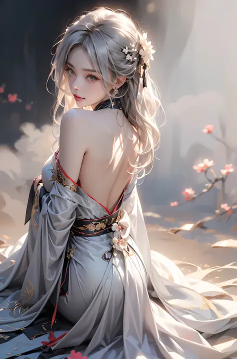 ((Above the knees image:1.3))super high quality, masterpiece, Perfect illustration, Very detailed (Exquisite light and shadow, Very dramatic photo,Backlight) , ((Gray Hair:1.5))1 Girl,(( alone:1.6)), (Wearing Han clothes, Black Hanfu,Monotony,Long sleeve、G...