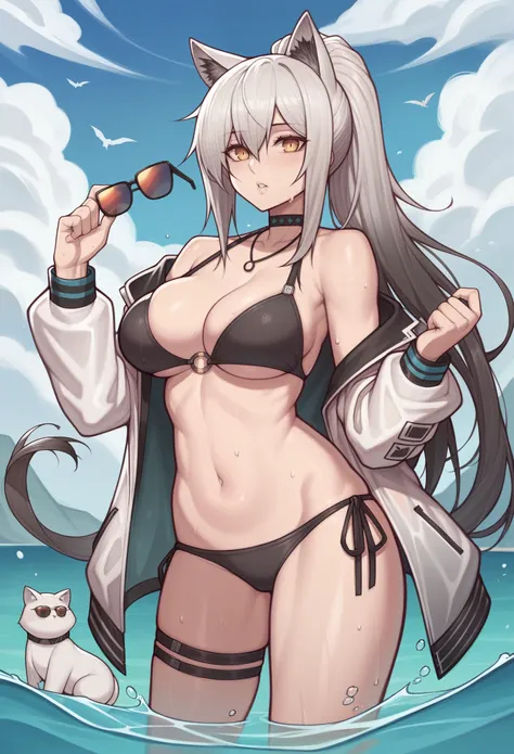 _asura style, 1girl, breasts, swimsuit, solo, schwarz_(arknights), bikini, animal_ears, navel, long_hair, stomach, thigh_strap, grey_hair, black_bikini, looking_at_viewer, jacket, wading, large_breasts, open_clothes, outdoors, sunglasses, cat_ears, off_sho...