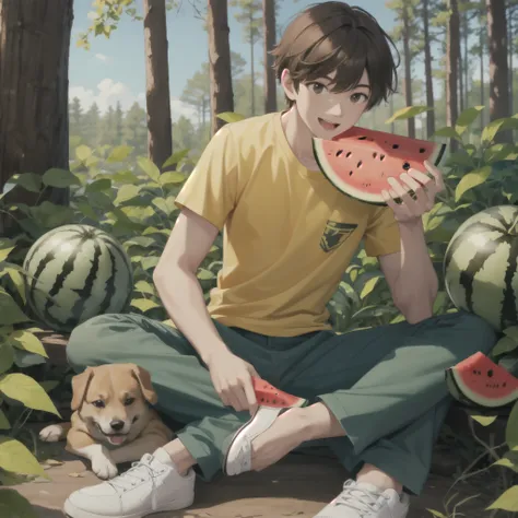 masterpiece, best quality, 1boy, solo,eating,holding watermelon,  male focus,yellow shirt, brown hair, shirt, pants, holding, open mouth, sitting, smile, short sleeves, white footwear,sky,forest, dog,(more Cut Watermelon:1.2),