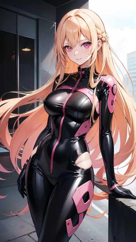 (((Adult woman))), pink eyes, (long blonde hair), black-pink plugsuit, smirk