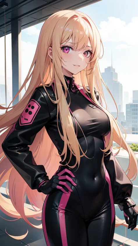 (((Adult woman))), pink eyes, (long blonde hair), black-pink plugsuit, smirk