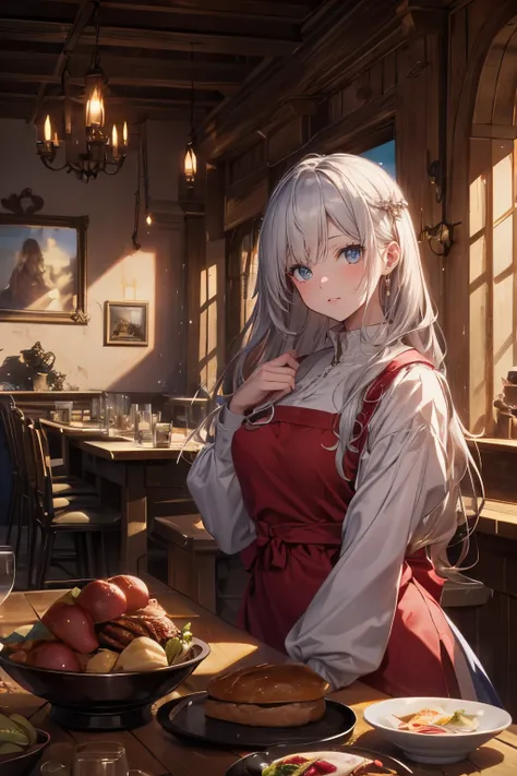 a highly detailed, photorealistic 8K image of a beautiful young woman with long, curvy, messy silver hair and ruby eyes, set in a fantasy old and small tavern, red and white peasant tunic, (dawning light), pink hue cheek, (gentle expression), waitress, awa...