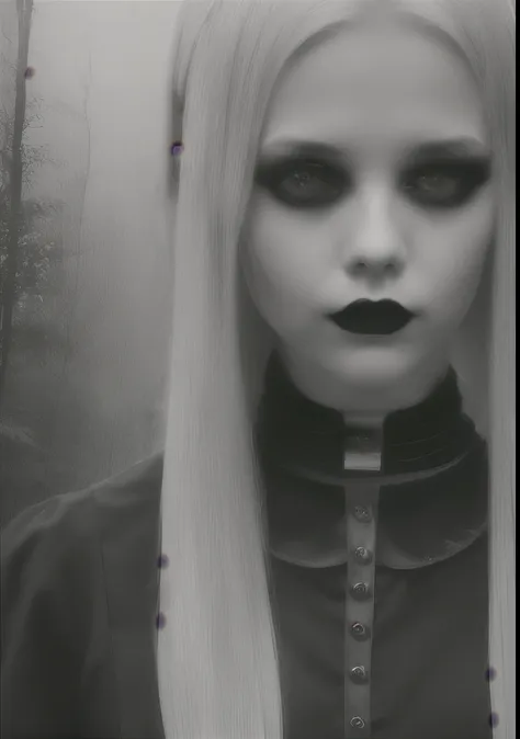 gothic macabre, eerie, gothic and emo teenager with long white hair, fair skin, scary and violent, red eyes, in a forest with ci...