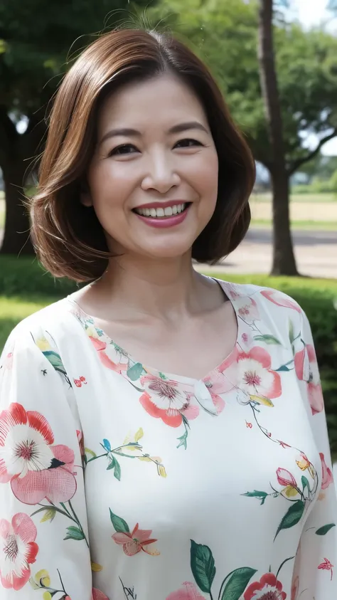 , Standing in the park, Wrinkles around the eyes, Smiling with teeth showing, Japanese painting, senior citizen, Draw lips correctly, Red lipstick, No discomfort, 16K, Highest quality, Very detailed, Realistic, Very detailed肌, (Japanese), (alone), 100 year...