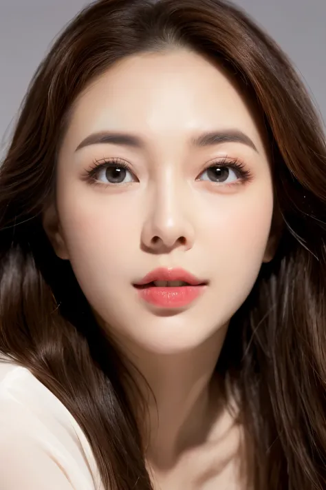 realistic, high resolution, 8k wallpapers, Complete dynamic configuration, Korean Background, beautiful detailed eyes, normal sized eyes, long straight hair, red hair vibrant lips, medium bust, Random and plain generic poses, random case, winked, 30 years ...