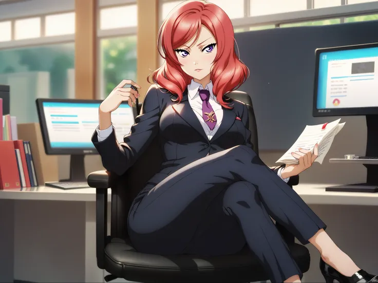 masterpiece, best quality,solo, nishikino maki,red hair, purple eyes, black formal suit, pants, sitting , crossed legs ,neck tie...