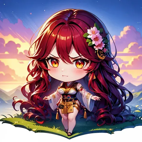 Chibi character pixel art, ((xian mei)), 1 girl, long red hair, standing, Chibi style, shapely breasts, high quality pixel art, Gege Akutami, photography, beautiful, colorful, realistic, masterpieces, top quality, best quality, official art, beautiful and ...