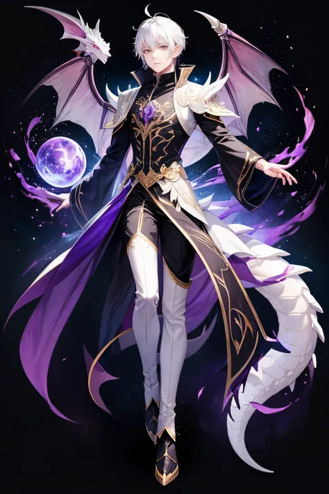 Full body Dragon male with white hair and violet eyes in a void like galaxy  with white and black dress