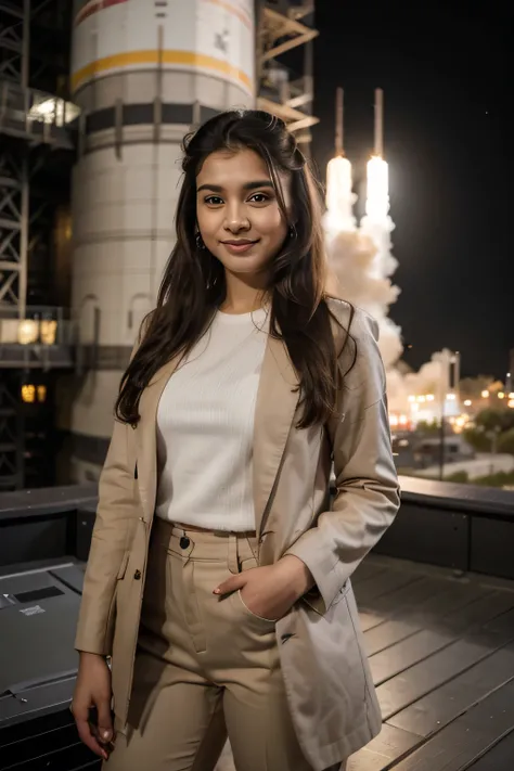 ((best quality)), ((masterpiece)), (detailed), 
A 21 year old beautiful Indian girl with long hair smiling face beautiful eyes ponytail hairstyle wearing suit coat pant dark standing in space centre a large rocket under construction background