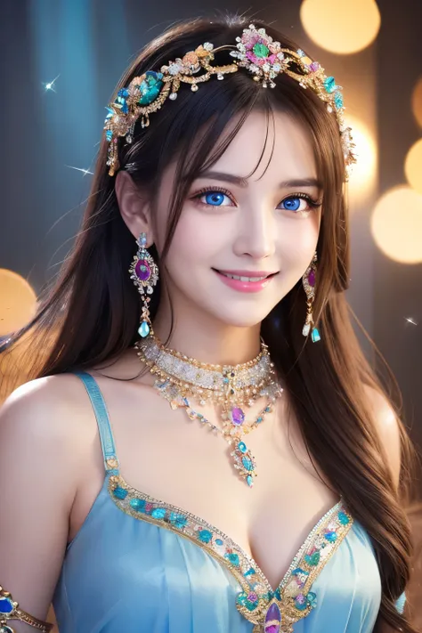 goddess、Ultra HD、High resolution、distinct、Glittering ornaments、Soft Skin、Colorful and gorgeous jewelry、Beautiful blue eyes、smile、