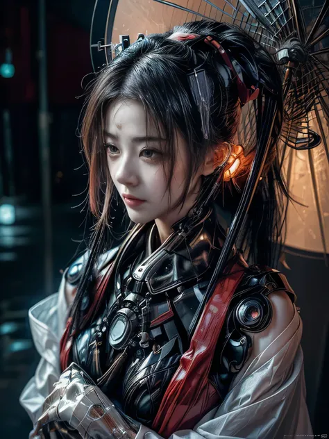 Science fiction, realistic photo, full body, 1 mechanical girl, mechanical parts, mechanical face, Very detailed face, mechanical eye, Some of the elements of the skin are mechanical., cyber, puppet, geisha androide, wearing traditional Japanese clothing a...