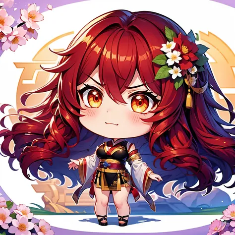 Chibi character pixel art, ((xian mei)), 1 girl, long red hair, standing, Chibi style, shapely breasts, high quality pixel art, Gege Akutami, photography, beautiful, colorful, realistic, masterpieces, top quality, best quality, official art, beautiful and ...