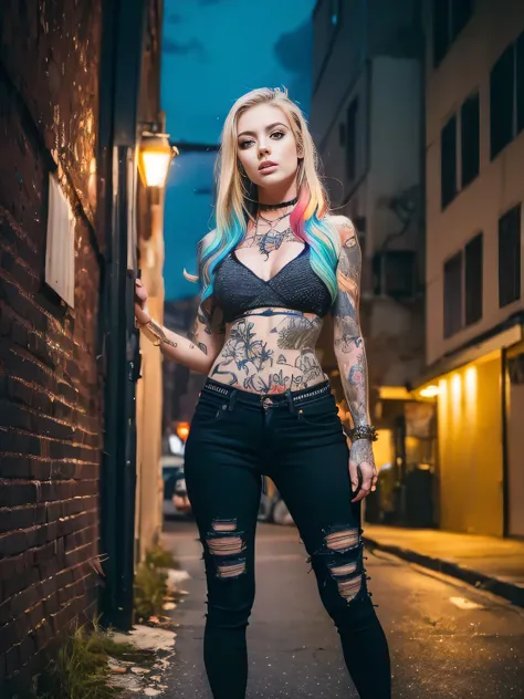 best qualityer,Artwork,ultra-high resolution,(Realisticity:1.4),OriginalPhoto,cinematic lighting, 1 girl, (((ukranian, blond,))) standing alone, estilo metalhead, at night under the moonlight, wearing ripped black pants, black clothing, Gothic style, warm ...