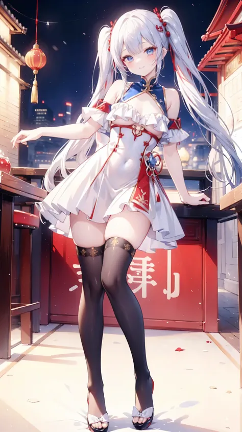 Silver Hair、Twin tails、Red gradient hair、Navy blue hair ornament、Golden hair ornament、Red and navy blue odd eyes、smile、Grown-up、White Chinese Dress、red decoration、Navy blue decoration、Golden decoration、Silver decoration、Shoulder Bare、Chest、tights、Chinatown