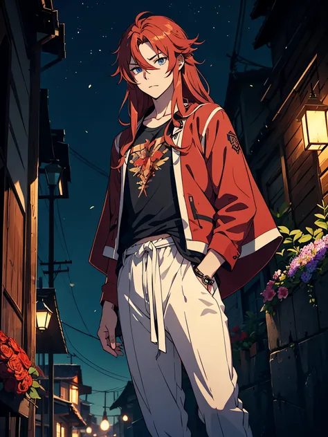 With flowers. With mohnblume. More anime. 2d. Glow. Red hair. More anime. male. Long hair. long red hair. boy, vikings. red hair. blue eyes. 火. 