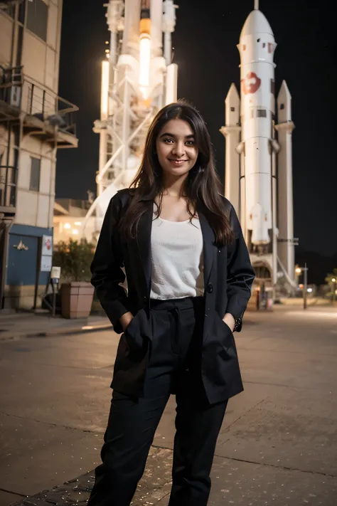 ((best quality)), ((masterpiece)), (detailed), 
A 21 year old beautiful Indian girl with long hair smiling face beautiful eyes ponytail hairstyle wearing suit coat pant dark standing in space centre a large rocket under construction background