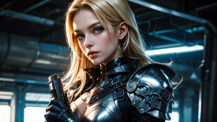 Upper body close-up image. A beautiful woman. Blonde hair and blue eyes. She is dressed in futuristic armor. He has a futuristic gun in his hand. She is in a vast underground experimental facility.