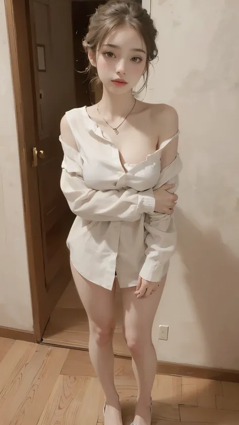 ((best quality)), ((masterpiece)), (detailed), 1girl, off-shoulder white shirts, oversized shirts, chest, cleavage, small breast, (breast gap:1.4), necklace, full body