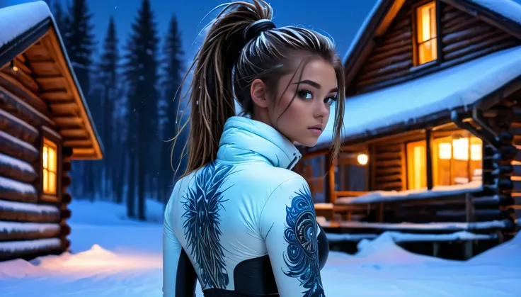 Top Quality, Masterpiece, High Resolution, 8k, ((Teenager, barely legal, 16 Years Old)), ((girl in an open and revealing shiny puffer with plunging neckline, wide neckline, deep neckline, wetlook leggings)), (bare belly, small perky breasts, detailed face,...
