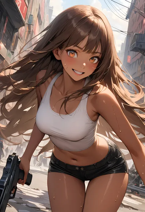 Dynamic gun action scenes、Woman shooting down zombieasterpiece,Highest quality:1.3,best quality illustration)),(realistic),cowboy shot,solo,1woman,25 year old beauty,brown hair,long hair,bangs,brown eyes,(gorgeous big eyes),((very small head:1.3)),A strong...