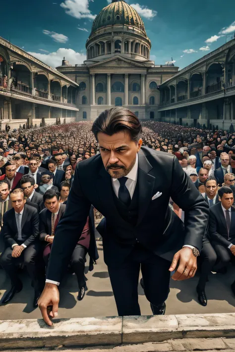 best quality, masterpiece, detailed, 4k, detailed background, bad minister Infront of people, wearing court suit, , feared, struggle to escape, with carrying his wealth, lot of people chasing him.