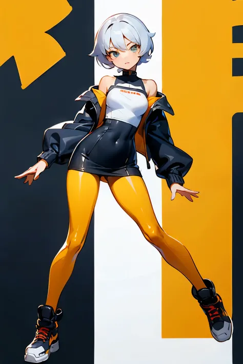 ((best quality)), ((masterpiece)), (detailed), 1girl, off-shoulder jacket, techwear style clothes, black yellow and white clothing, oversized jacket, anime style, front facing pose, shoulders bare, short skirt, tight clothing, big shoes, bodysuit, cute exp...