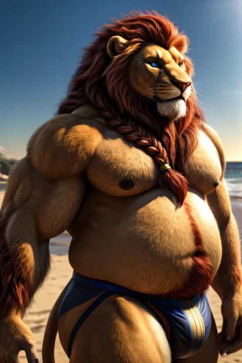 a very very very very very big and fat lion with a long blonde and red mane, beautiful detailed eyes, braided black beard, realistic hand, long fur, very hairy, very extremely obese lion, very very very very very very very big and fat belly, tight jockstra...