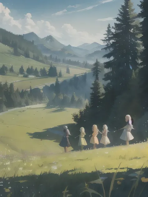 In a green meadow stands a girl leading a group of knights.
BREAK
With a brave expression, she guides them towards their destination.
BREAK
Behind her, a green forest stretches out and beyond that, mountains rise in the distance.
BREAK
The most suitable ef...